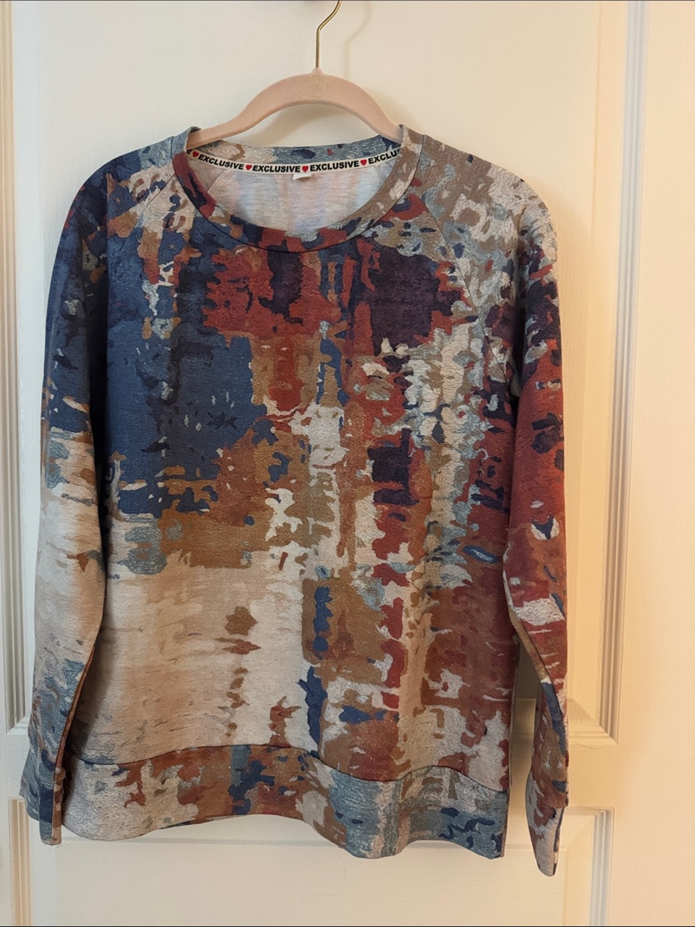 Abstract Multicolor Long Sleeve Top - Rust, Blue, Tan